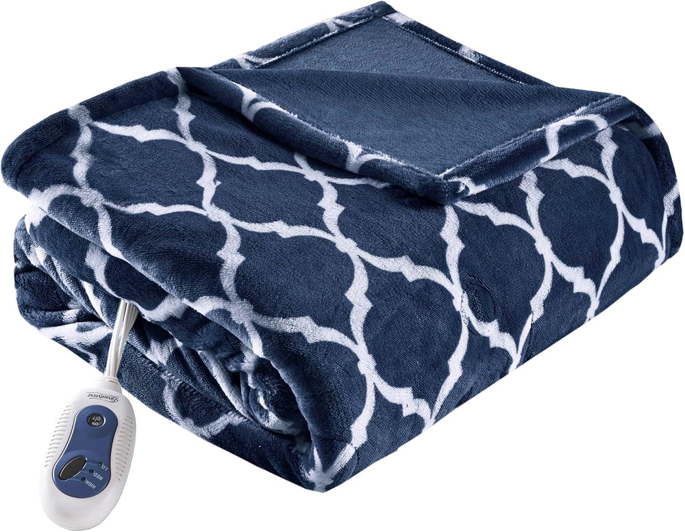 Beautyrest Plush Heated Throw, Fast Heating Electric Blanket, Indigo