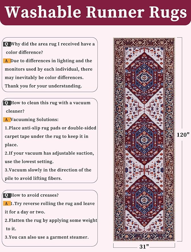 SERISSA Runner Rug for Hallways, Long Boho Rug Vintage Burgundy Navy Hallway - Image 2