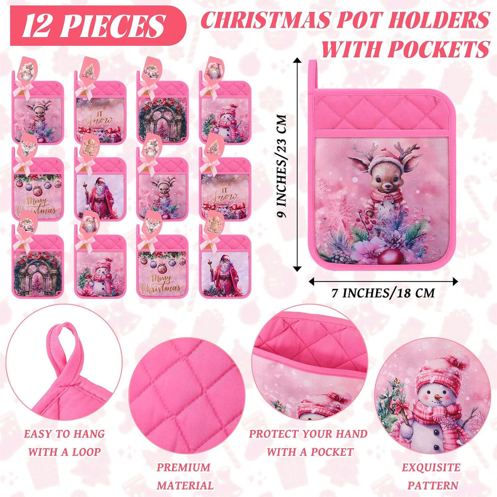 Reallnaive 24 Pcs Pink Christmas Pot Holders and Silicone Spatula Gift Christmas Hot Pads with Pocket Xmas Scraper with Wooden Handle Heat Resistant Oven Mitt Cookie Bag for Baking Cooking(Cute)