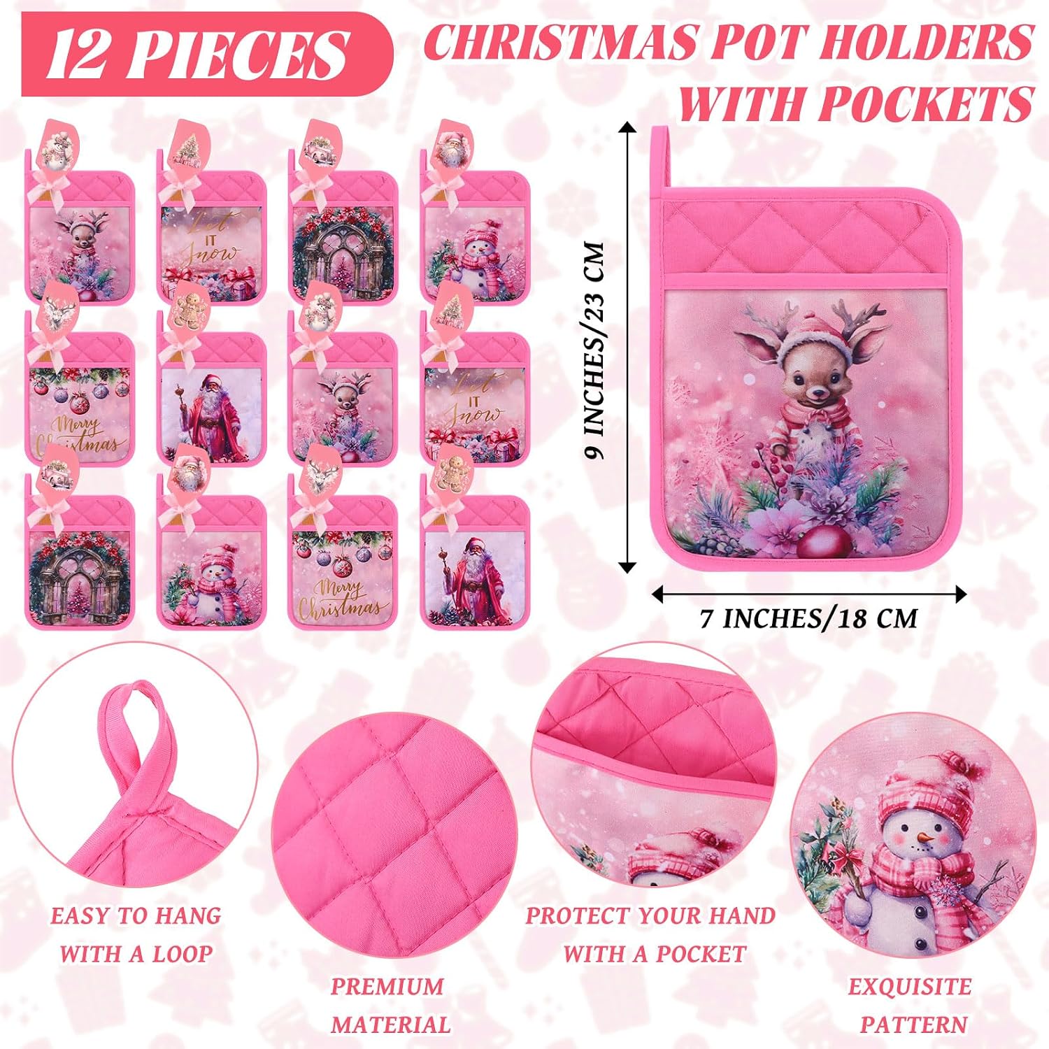Reallnaive 24 Pcs Pink Christmas Pot Holders and Silicone Spatula Gift Christmas Hot Pads with Pocket Xmas Scraper with Wooden Handle Heat Resistant Oven Mitt Cookie Bag for Baking Cooking(Cute)