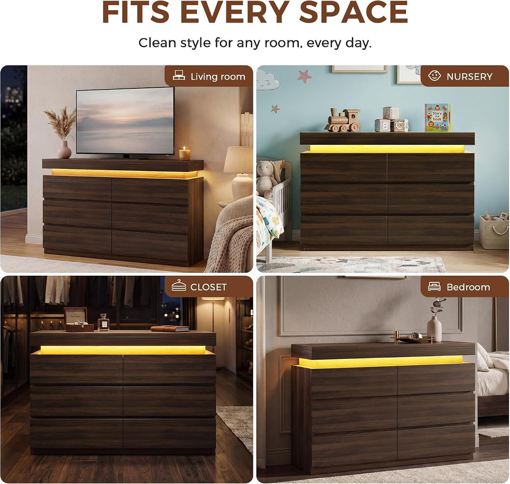 6 Drawer Dresser with LED Lights and Charging Station, Modern Brown Dresser