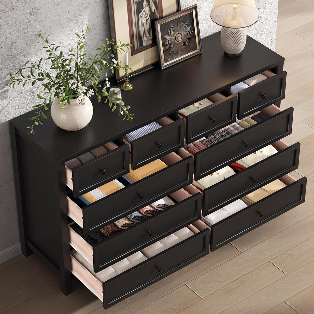 Black Dresser with 10 Drawers, Farmhouse Chest of Drawers for Bedroom