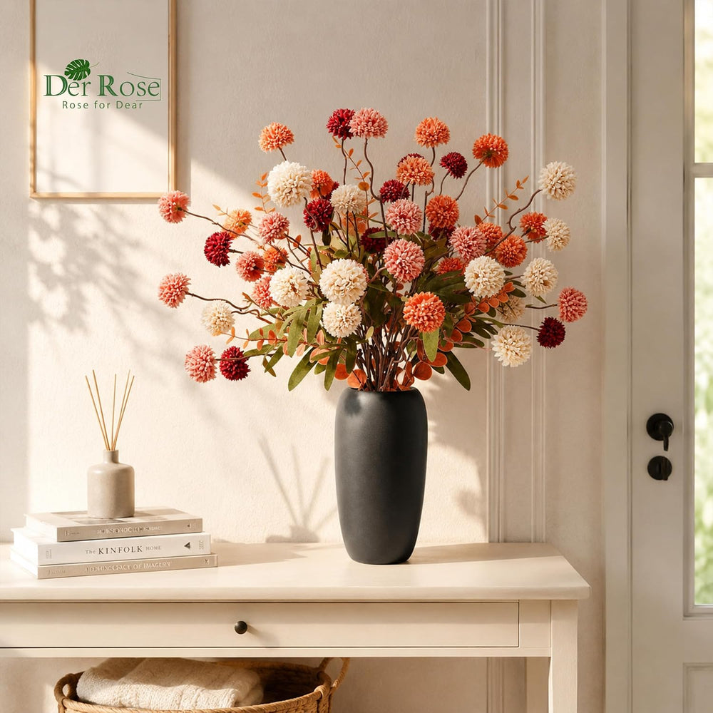 Der Rose Fall Artificial Flowers with Vase, 18 Pcs Silk Mums for Home Decor