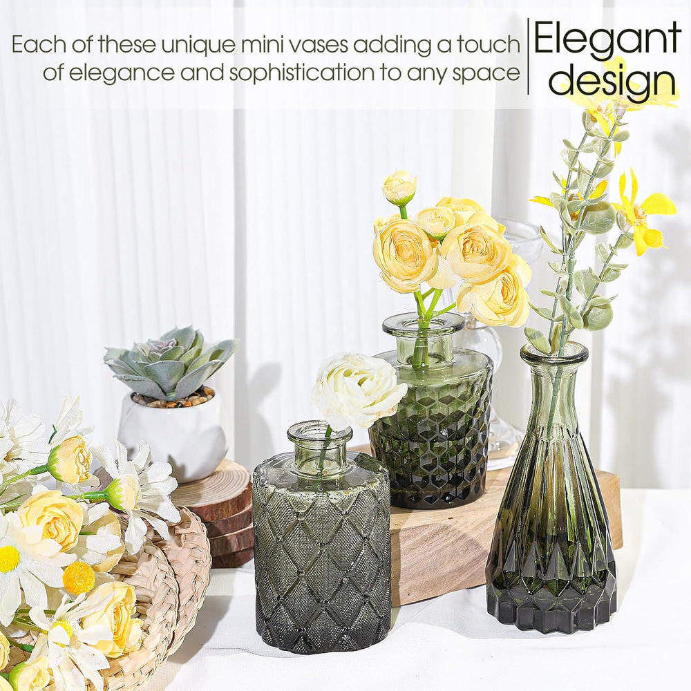 TBWIND 12pcs Green Glass Bud Vases Set, Small Vases for Flowers