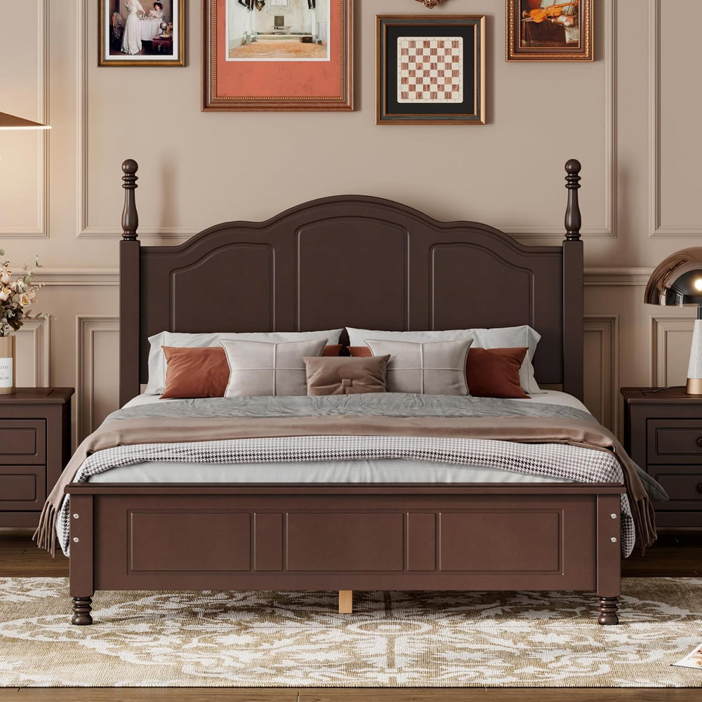 Dark Walnut Wood Bed Frame Full Size with Wave Shaped Headboard