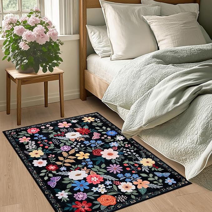 Entryway Rug 2X3 Small Rugs: Floral Washable Door Mat Vintage Soft Low Pile - Image 3