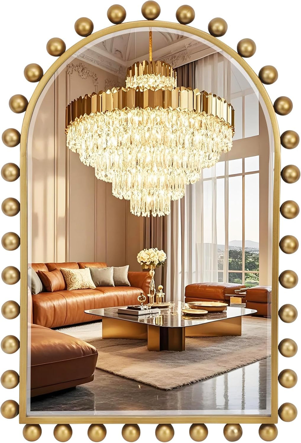 24x36 Inch Arched Wall Mirror, Antique Gold Beaded Beveled Glass