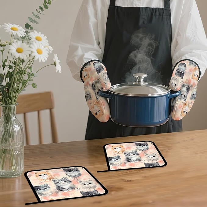 Cute Cat Oven Mitts and Pot Holders, Heat Resistant Oven Mitts Gloves and Pot - Image 7