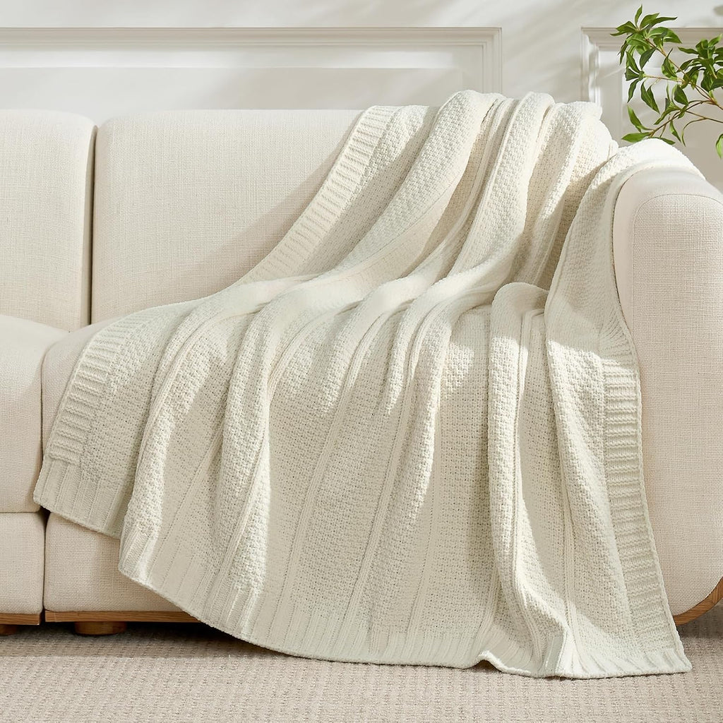 Premium Chenille Throw Blanket, Soft Cozy Moss Stitch Knit Blanket for Couch, Sofa, Chair, Home Decor, Cream White 50"x60"