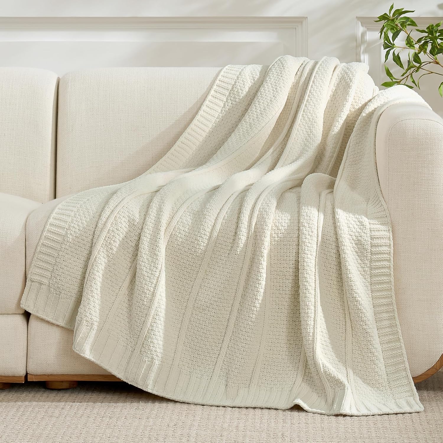 Premium Chenille Throw Blanket, Soft Cozy Moss Stitch Knit Blanket for Couch, Sofa, Chair, Home Decor, Cream White 50"x60"