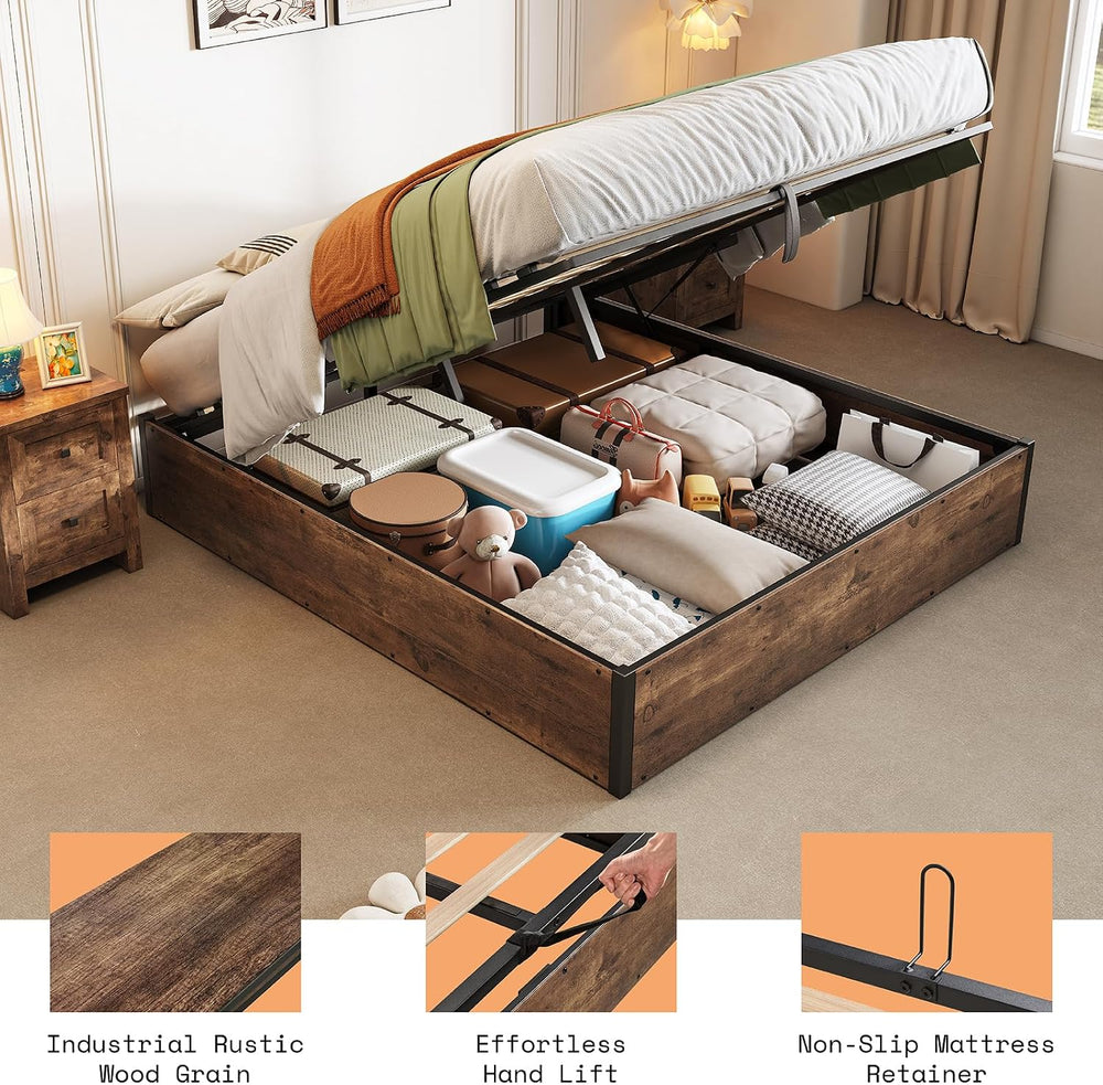 AMERLIFE Full Lift Up Storage Bed Frame, Rustic Brown