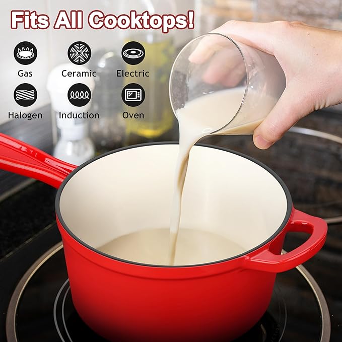 Enameled Cast Iron Sauce Pan, Leonyo 1 Qt & 2 Qt Saucepan Set, Cast Iron Dutch - Image 7