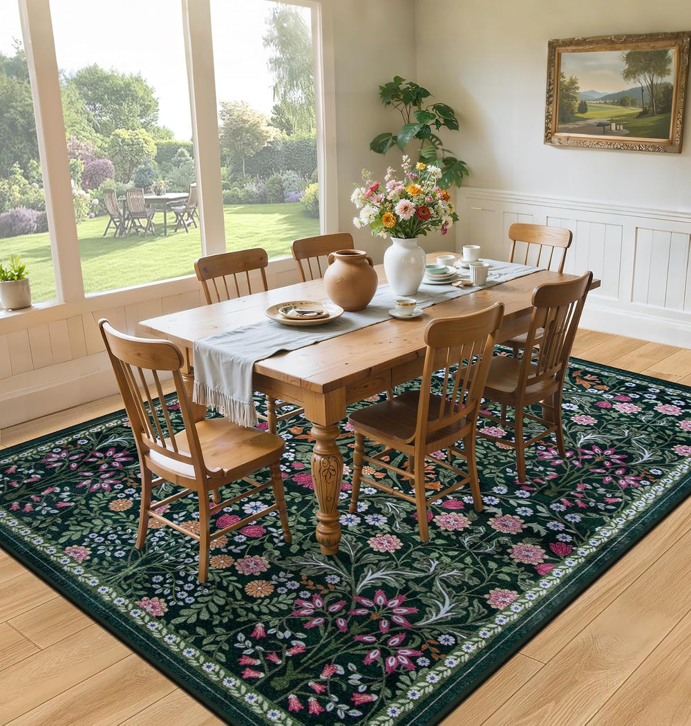 PLHXFR Area Rug 10x14 Living Room: Floral Washable Boho Carpet Dark Green