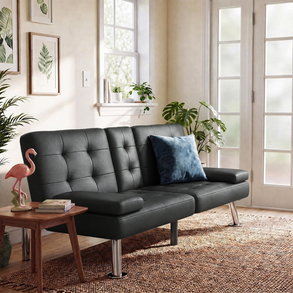 Furmax Convertible Futon Sofa Bed with Adjustable Backrest & 2 Cup Holders