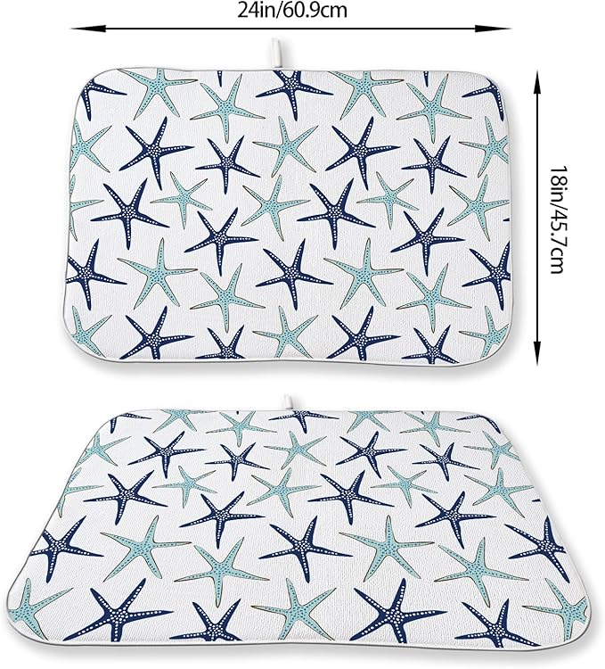 Coastal Dish Drying Mat 18x24 Inch Summer Navy Blue Teal Turquoise Starfish - Image 2