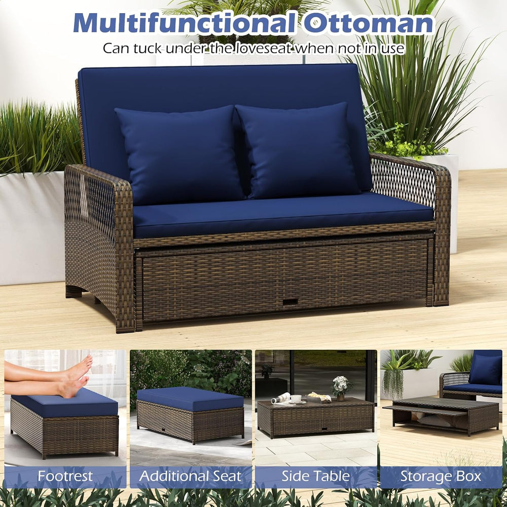 Tangkula Patio Rattan Daybed with 4-Level Adjustable Backrest, Navy