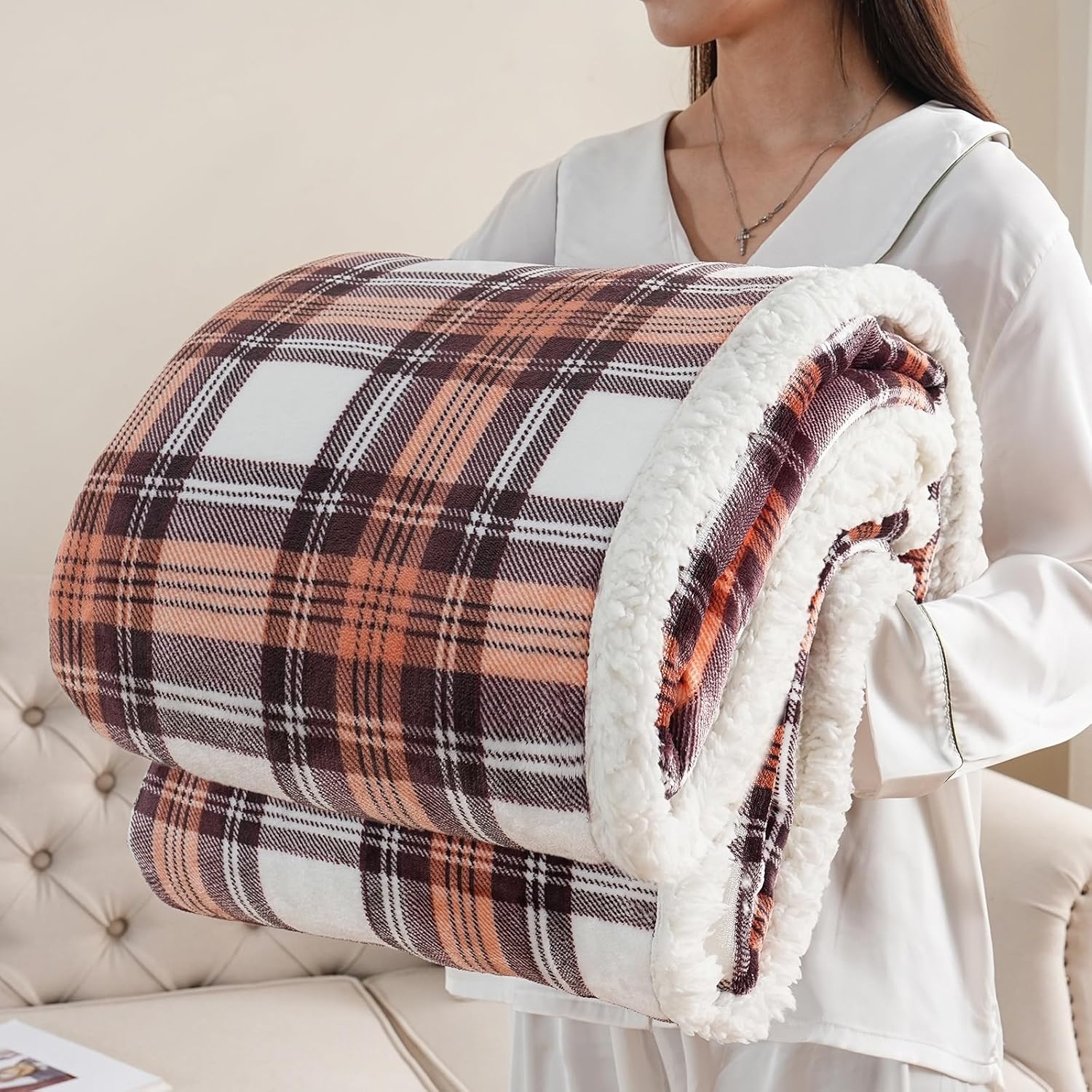 Gracelife Sherpa Fleece Throw Blanket for Couch, Fluffy Plush Warm Fuzzy Blanket for Women and Men, Cozy Thick Soft Twin Blanket for Bed (Orange-2, 80"*90")