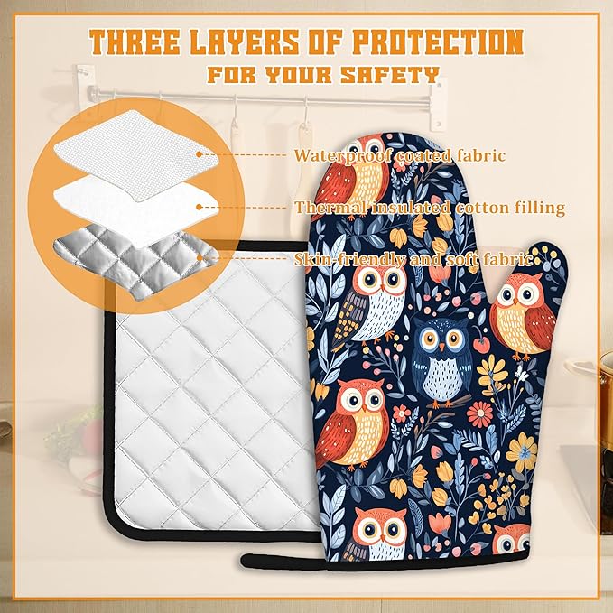 Colorful Cute Owl Oven Mitts and Pot Holders, Heat Resistant Oven Mitts Gloves - Image 3
