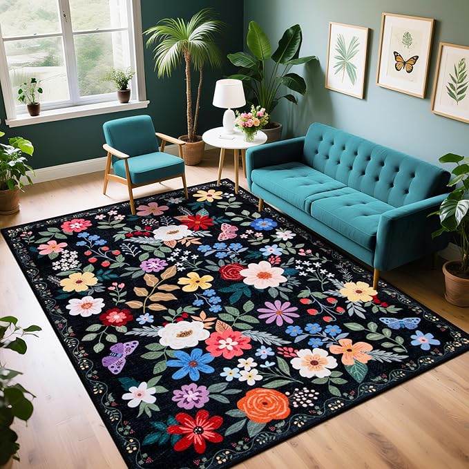 Area Rug Living Room Rugs: Floral 5x7 Washable Rug Vintage Soft Boho Non-Slip by PLHXFRSoftAreaRugs