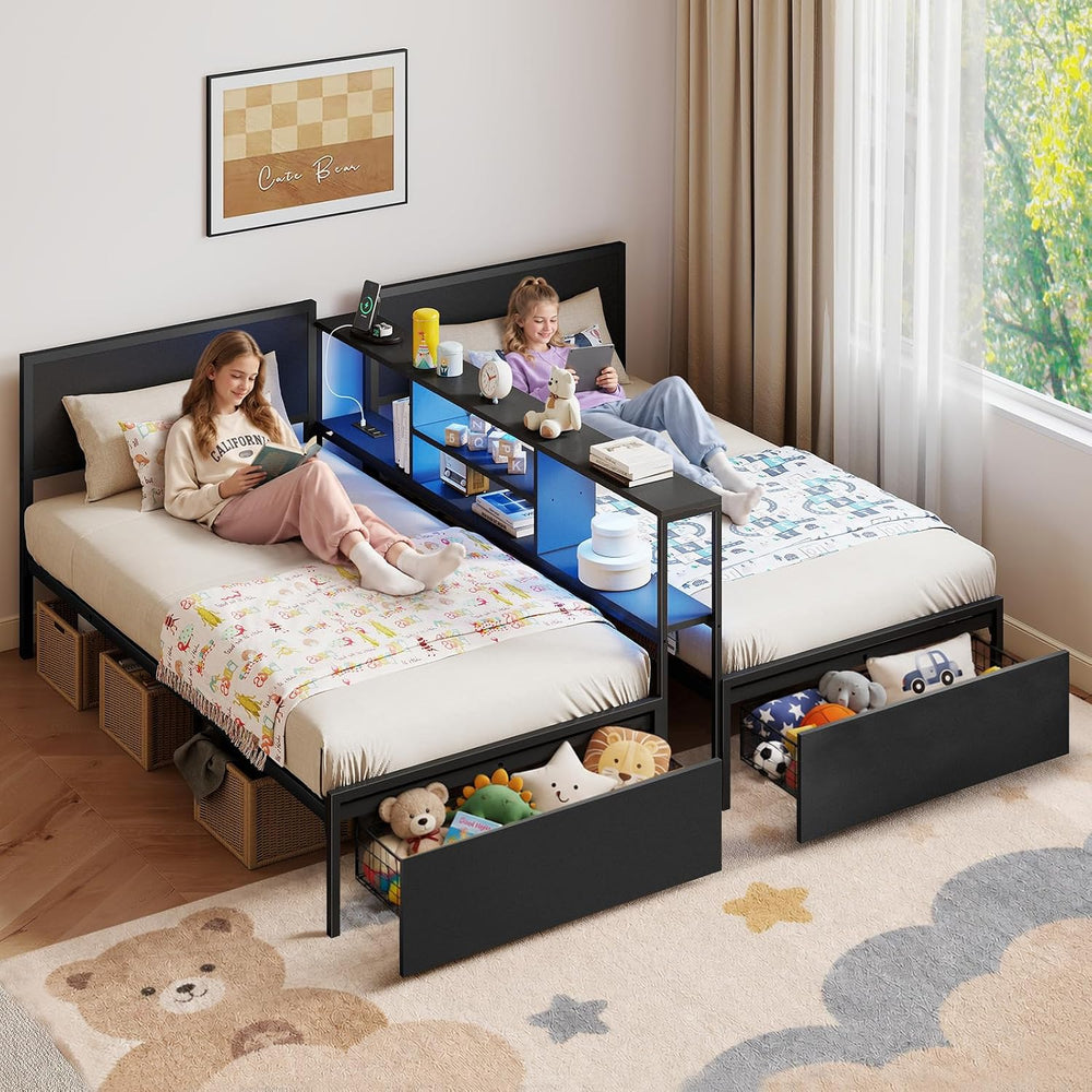 Zevemomo 2 Twin Bed Frames w/Storage Drawers, Wooden Headboard, Bookcase