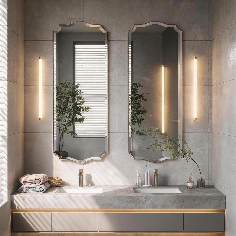 POZINO Scalloped Beveled Mirror 48"x18" Large Brushed Gold Bathroom...