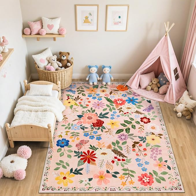 Area Rug Living Room Rugs: Floral 5x7 Washable Rug Vintage Soft Boho Non-Slip - Image 5