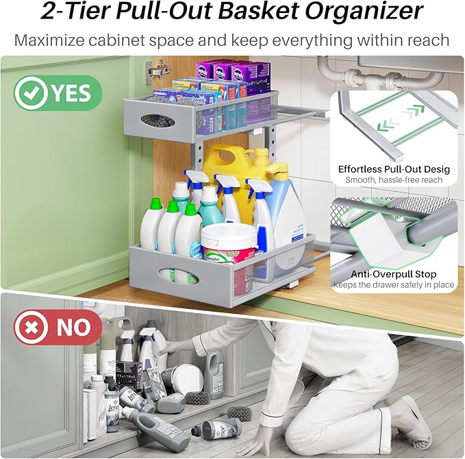 Under Sink Organizer, L-Shaped Adjustable Height, Mesh Sliding Drawer - Image 4