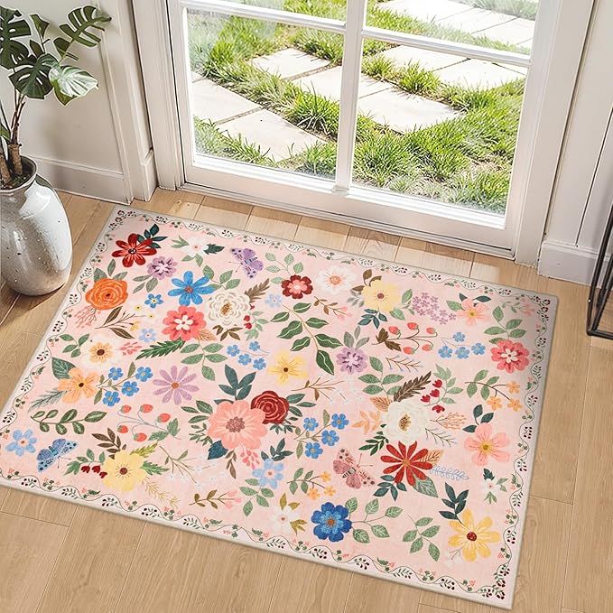 Entryway Rug 2X3 Small Rugs: Floral Washable Door Mat Vintage Soft Low Pile by PLHXFRSoftAreaRugs