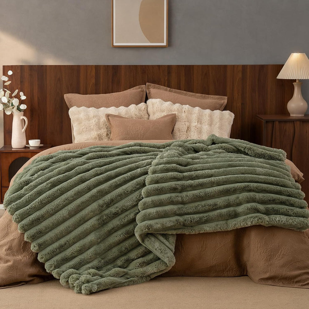 PHF Faux Fur Throw Blanket, 970 GSM Double-Sided, 50" X 60",Olive G...