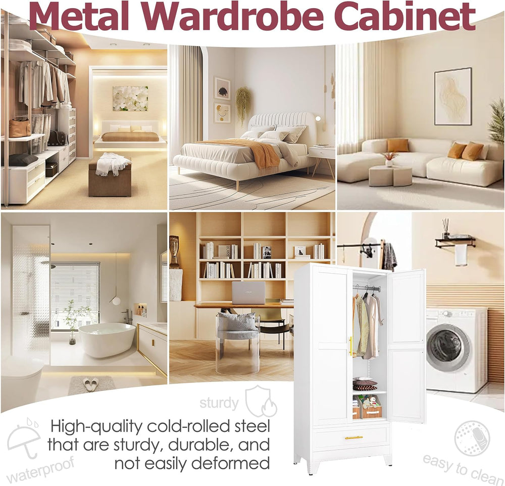 GAIOUS Metal Armoire Wardrobe Closet Cabinet with 2 Doors and Drawer, 71"