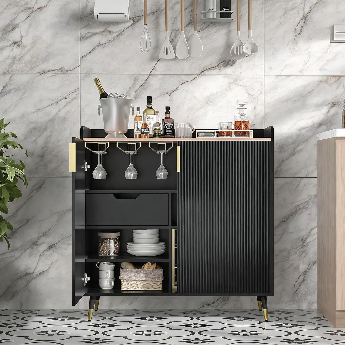 32" Fluted Bar Cabinet with Wine Rack, Green Liquor Wine Cabinet, Black | 6 Stemware Holders, 9-Bottle Metal Wine Rack, 2 Storage Drawers, Reversible Shelf, Wave-Panel Doors