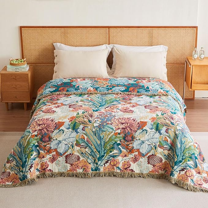 MSGKV Boho Throw Blanket for Couch 100% Cotton Floral Blanket 50"x60" Sofa Bed - Image 6