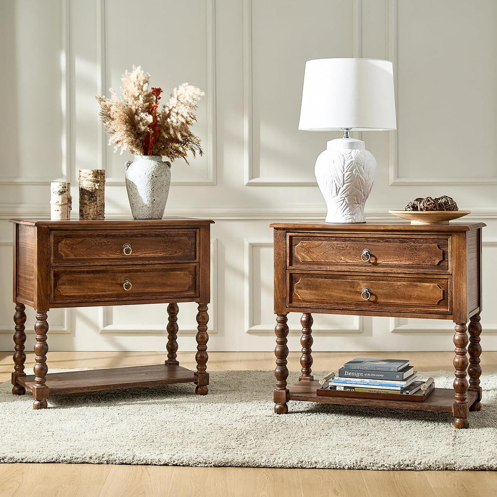 HULALA HOME Farmhouse Storage End Table Set of 2 with 2 Drawers and Open Shel...