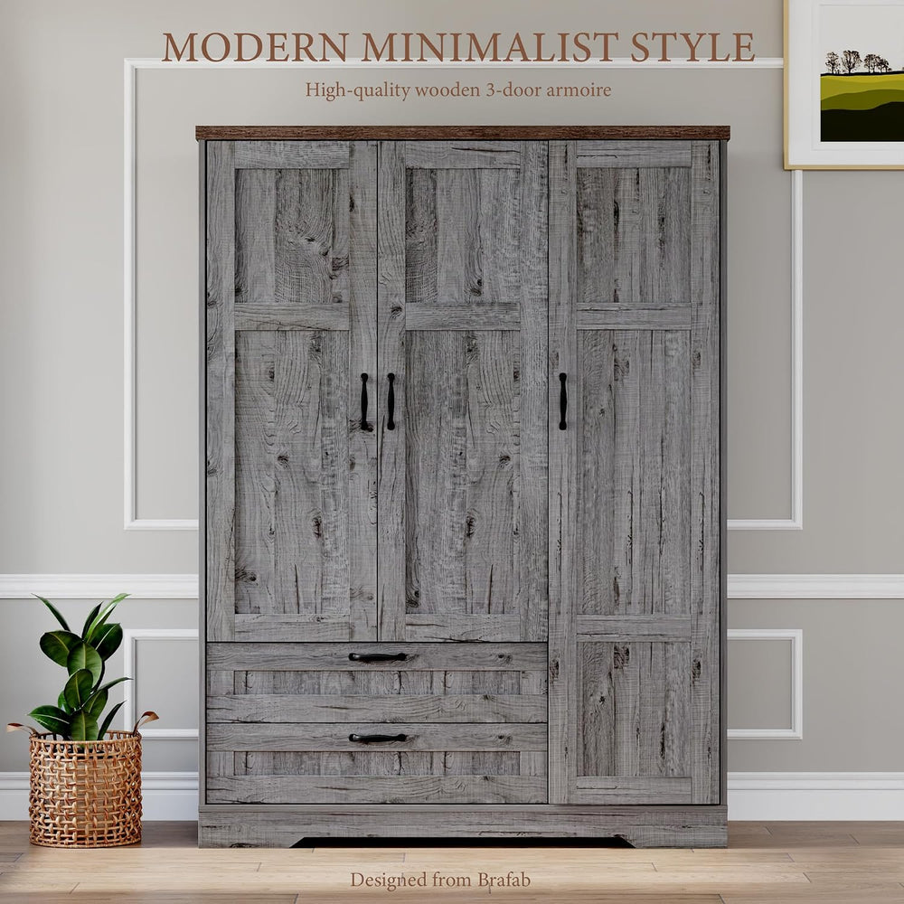 Brafab 62" Wooden Armoire Wardrobe Closet with Mirror, Grey, 3 Doors
