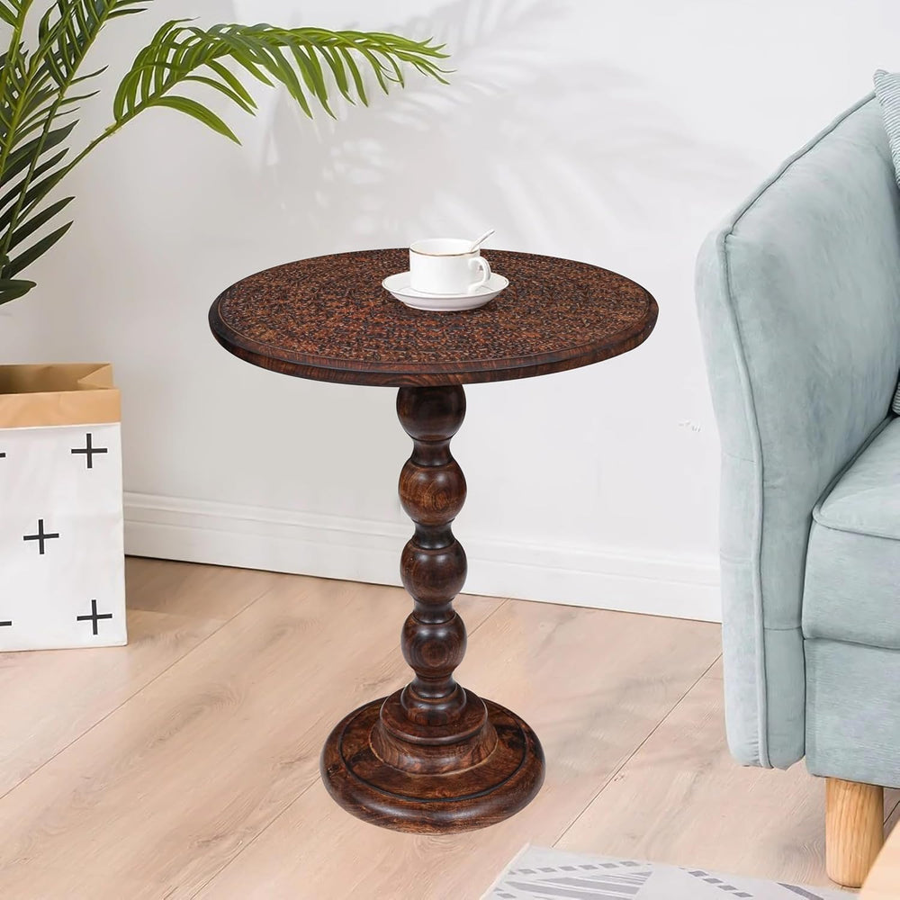 Round Side Table 18x22", Small Drink Table, Hand-Carved Solid Wood