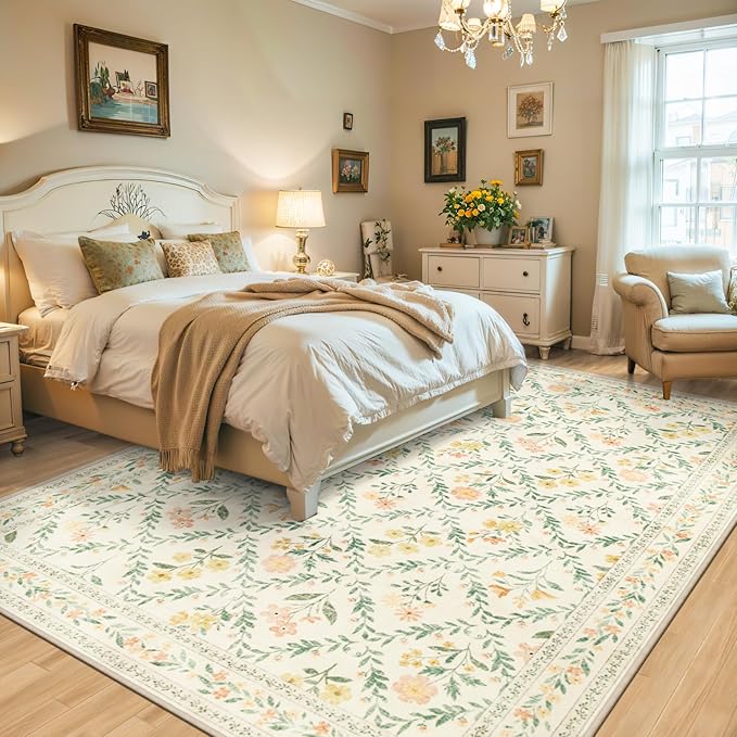 Area Rugs 9x12 Living Room: Floral Washable Rug Vintage Large Soft Boho - Image 2