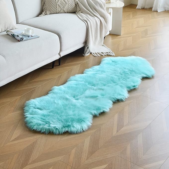 duduta Turquoise Blue Faux Sheepskin Runner Rugs 2x6 ft, Fluffy Shag Bedroom - Image 6