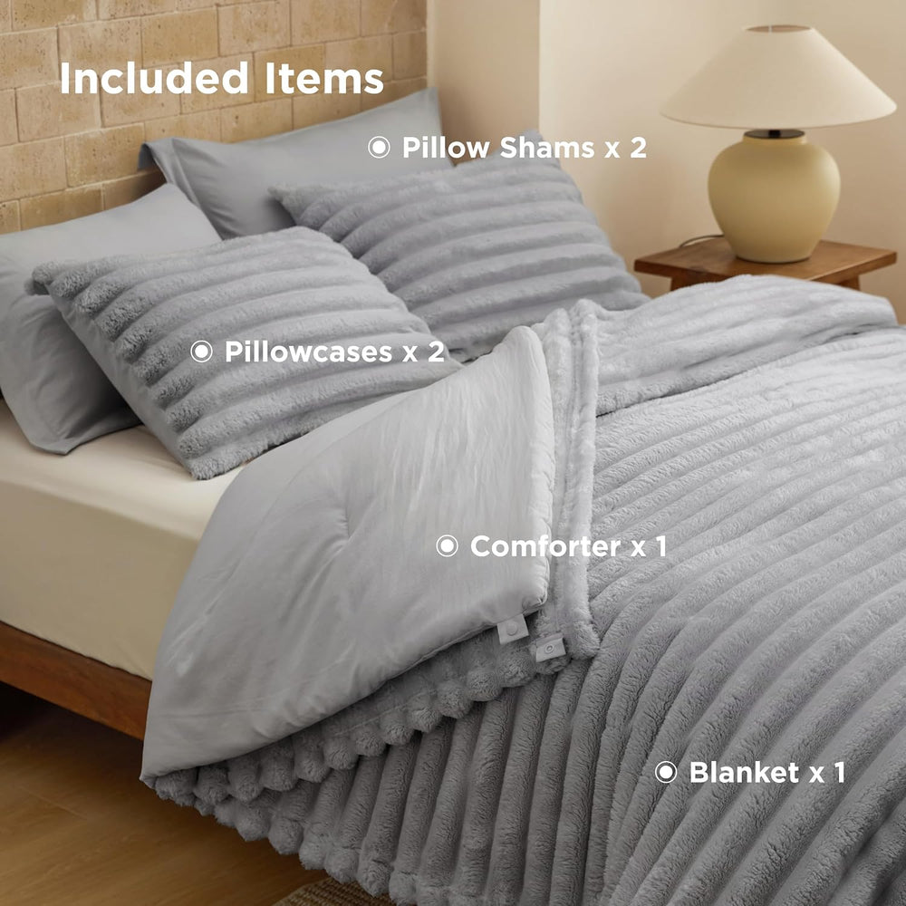 Bedsure 2-in-1 Comforter Set with Detachable Fleece Blanket, Grey Queen