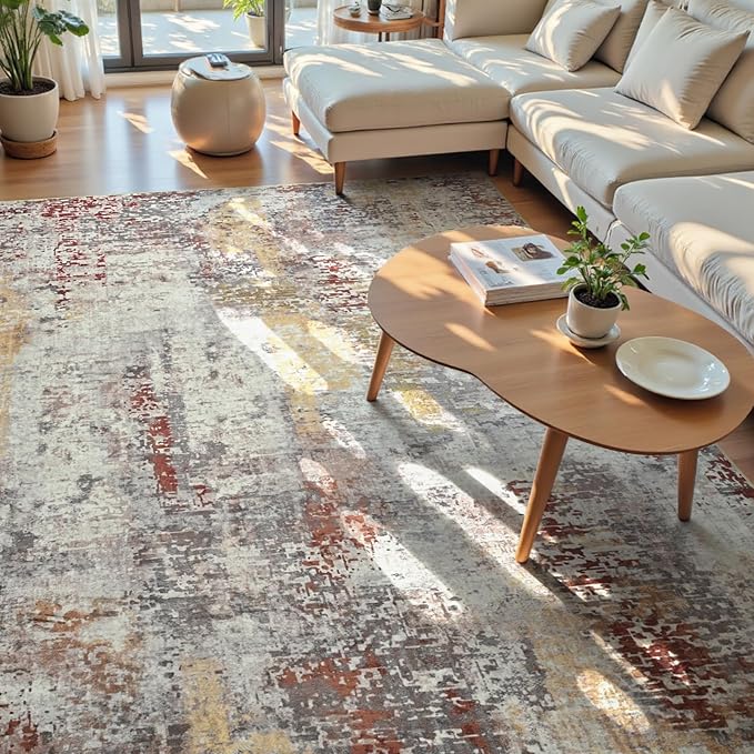 Living Room Rug 9x11 Beige Area Rugs Machine Washable Abstract Boho Large Rug - Image 3