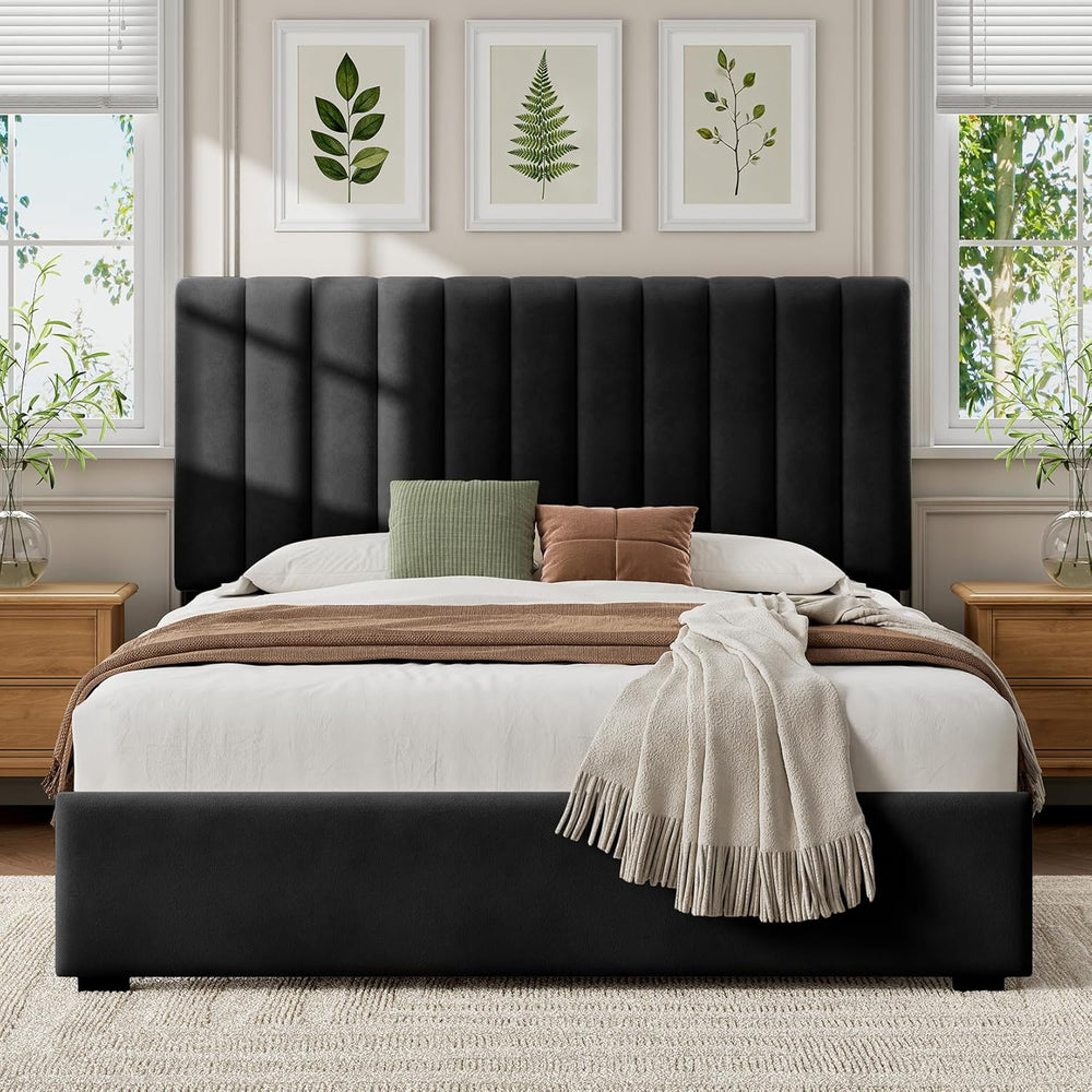 Welzona Full Size Velvet Upholstered Bed Frame with Tufted Headboard, Black