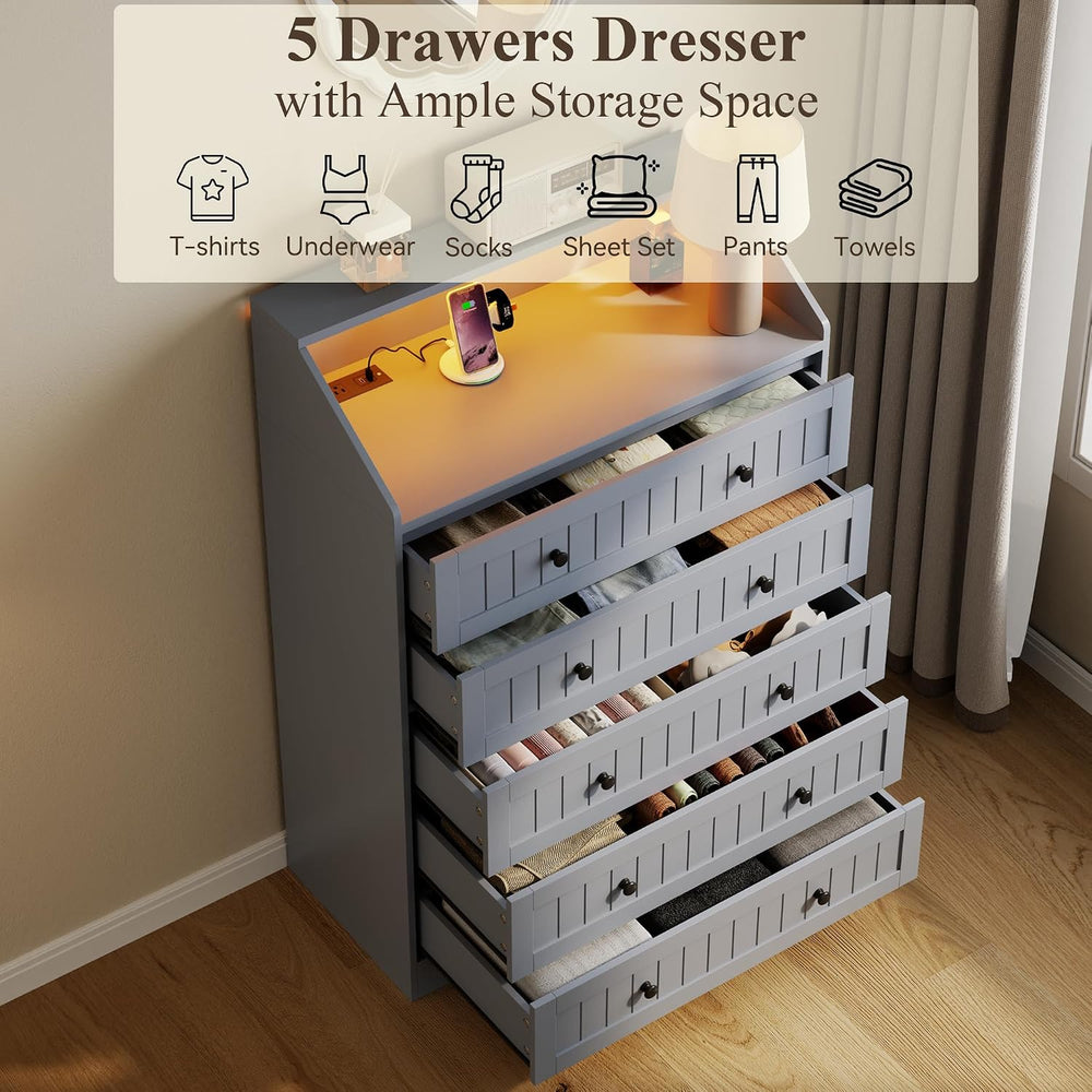 Gray 5 Drawers Dresser for Bedroom with Charging Station & LED Light