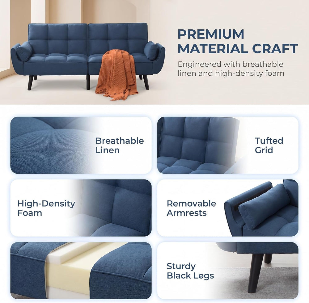 Linen Convertible Futon Couch Bed with Adjustable Backrest, Blue