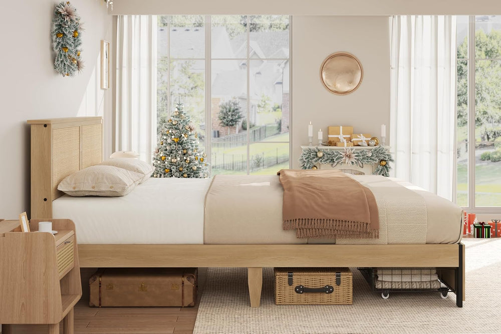 GarveeHome Rattan Full Bed Frame with 2 Storage Drawers and Led Lights