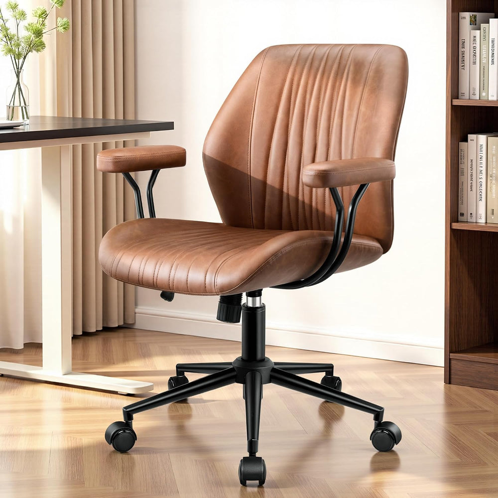 Leather Office Chair with Removable Armrests, Mid Back Ergonomic Desk Chair w...