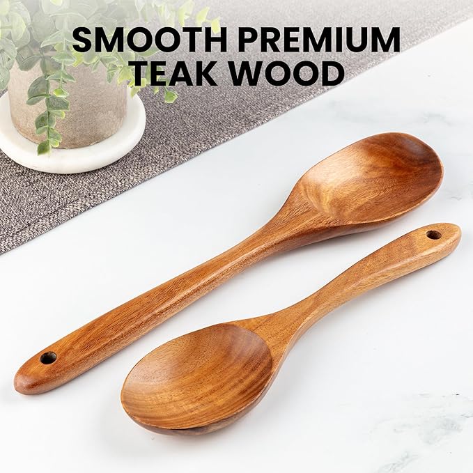 Zulay Kitchen Teak Wood Utensil Set – 2 Piece Large and Small Wooden Cooking - Image 4