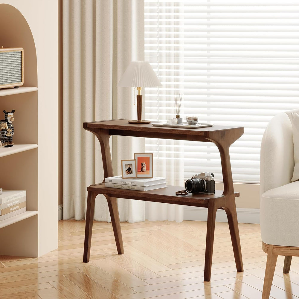 Solid Wood End Table, 2-Tier Side Table with Storage Shelf, Wooden Modern Acc...