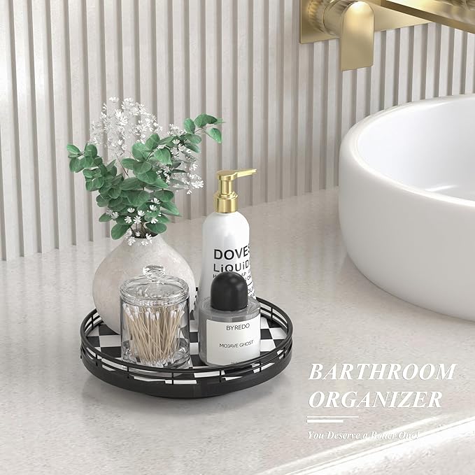 Black and White Kitchen Lazy Susan Turntable – Checkered Round Decorative Tray - Image 5