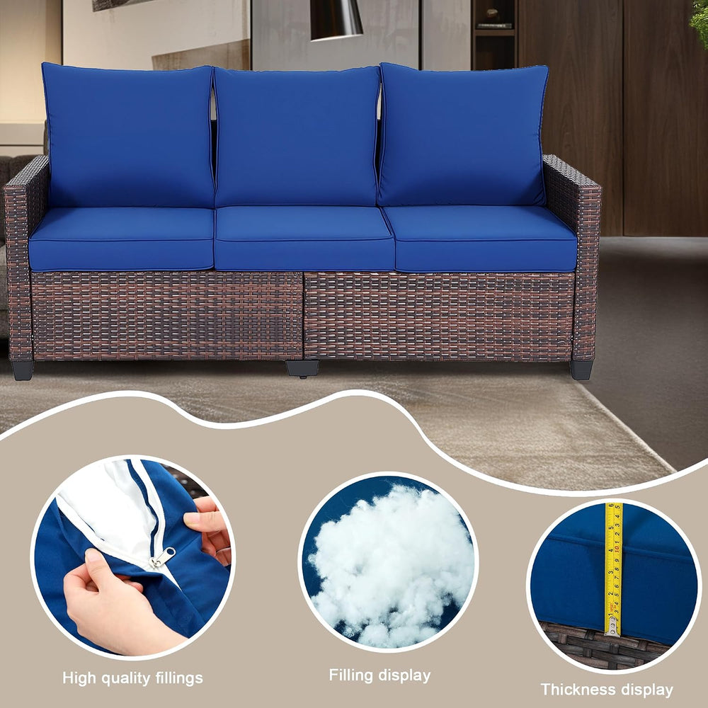Outdoor Sofa, 3-Seat PE Rattan Couch, Blue