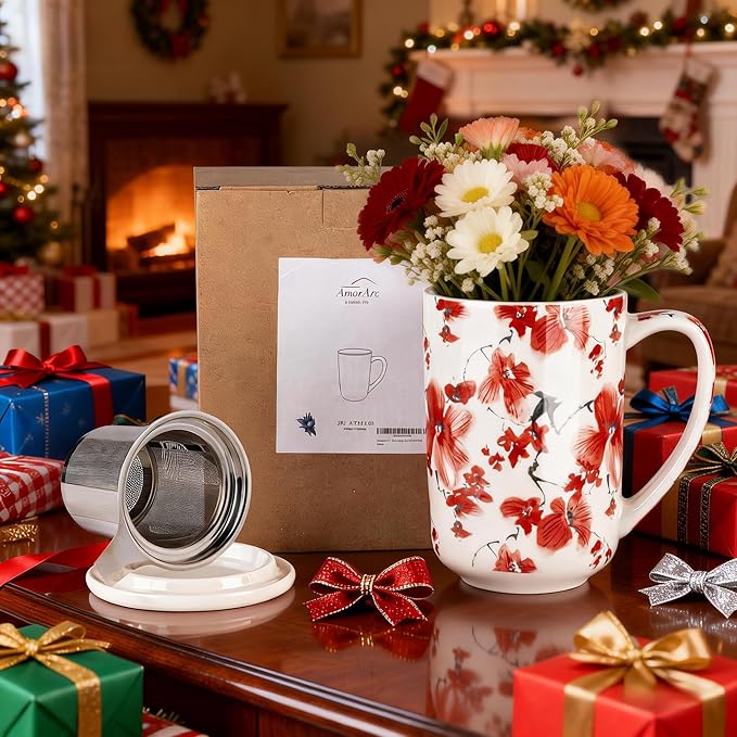 AmorArc Porcelain Tea Mug with Infuser and Lids, 18 Oz Coffee Cup Strainer with - Image 8