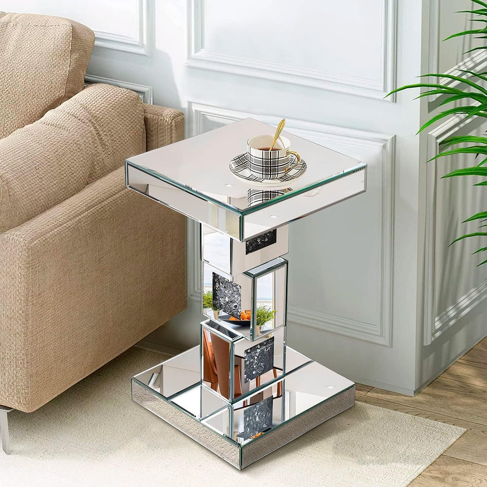 Silver Mirrored End Table With Crystal Inlay, Modern Side Table Accent Table,...